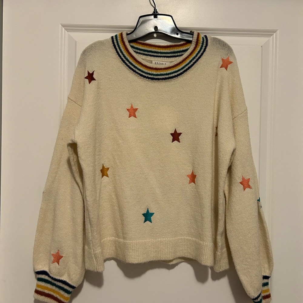 Storia Cream and Red Crew Neck Sweater with Star Accents
